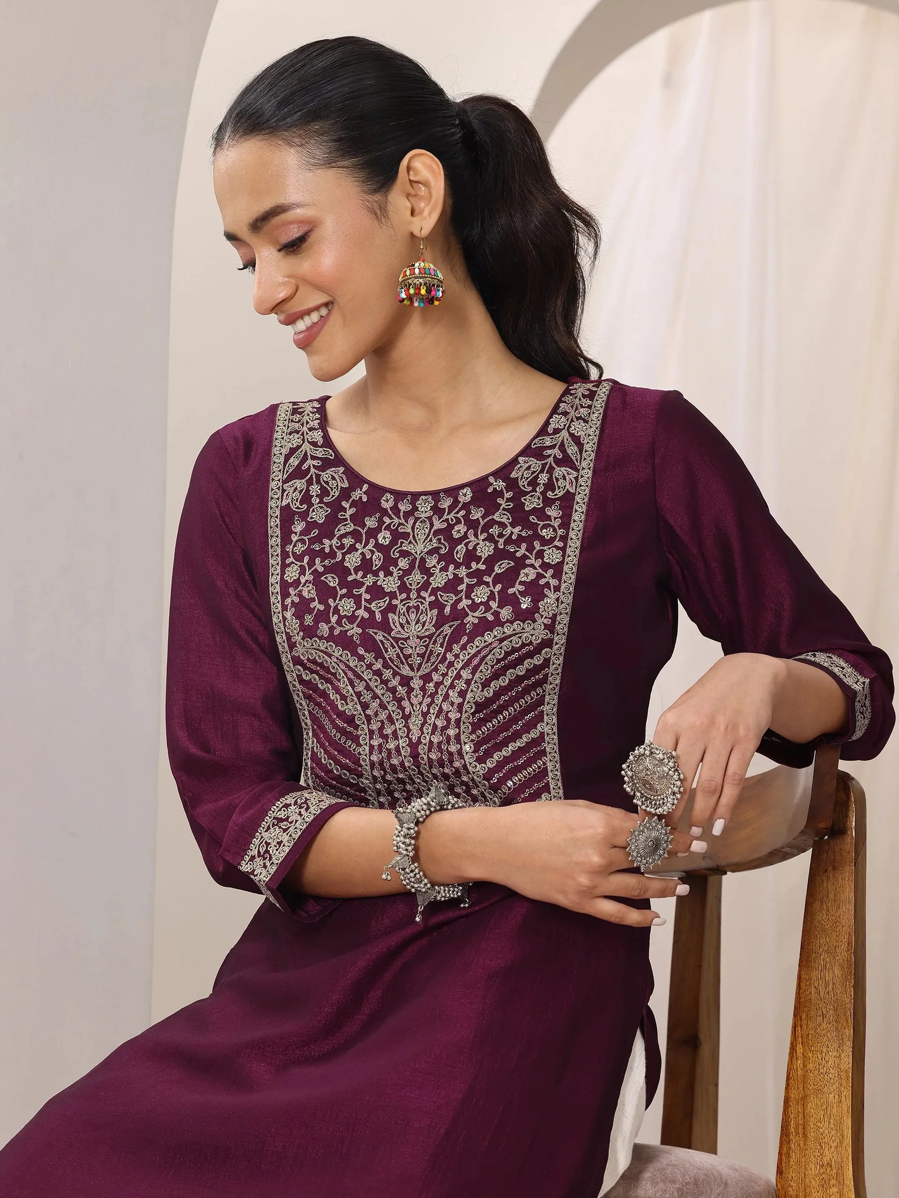 23513O_5Main_bb8a0c83-6da3-4c6f-ad4d-2343596aa76a.webp Wine Yoke Design Silk Kurta - Image 1