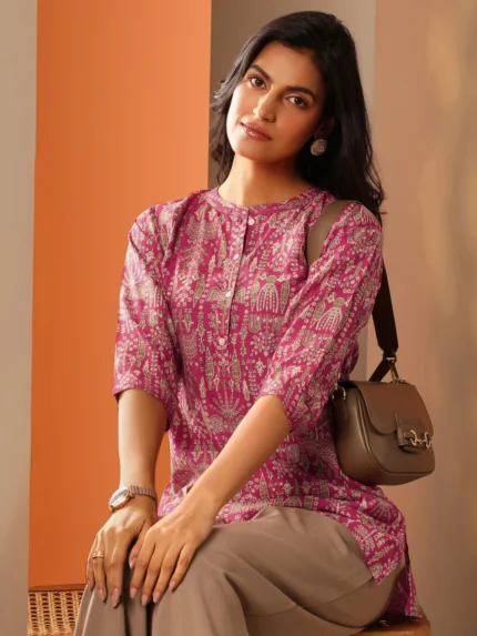 Pink Printed Silk Blend Straight Short Kurti